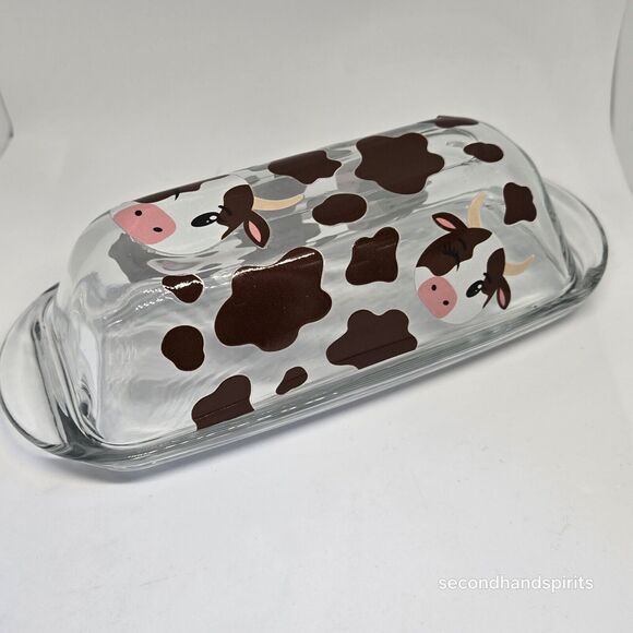 Glass Butter Dish with Lid: Stylish Cow Design Pastoral Print - Picture 4 of 6
